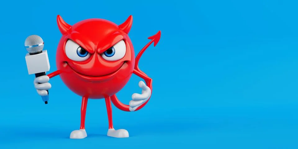 Bold Media Expression Concept. Red Evil Cartoon Character Holding Microphon.. Illustrazione stock