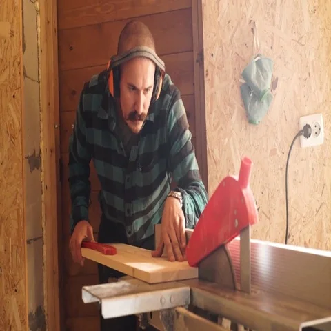 Bold with moustache Carpenter Man cutting wood plank using electric jig saw Stock Footage 69536239