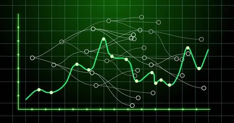 Bold neon green line chart undulating in dark grid dashboard, with circular Stock Illustration
