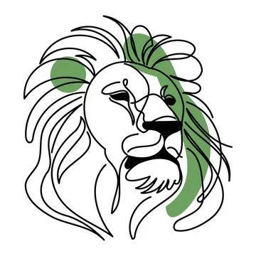 Bold one-line drawing of a lion's head with flowing mane and green accents Stock Illustration