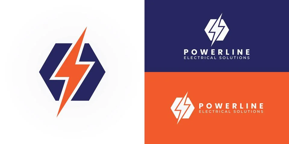 A bold orange lightning bolt bisects a geometric navy hexagon Stock Illustration