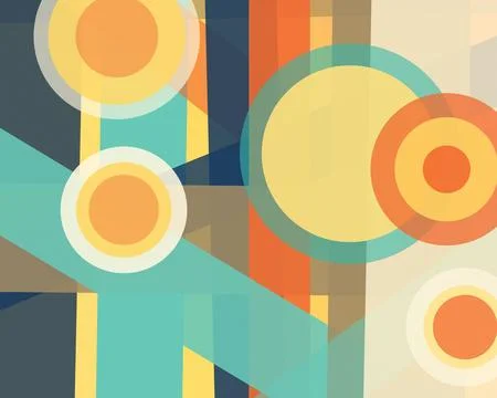 Bold overlapping circles and translucent blocks create a playful retro comp.. Stock Illustration