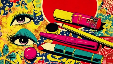 Bold pattern with powder kits, lipsticks, and eyeliners Video stock 308055436
