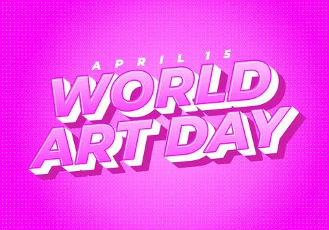 Bold pink 3d text reading world art day with april 15 above, dotted gradien.. Ilustração Stock