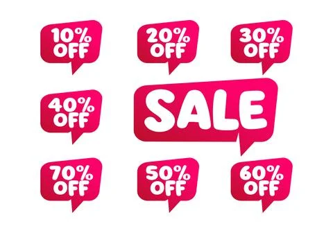 Bold Pink Sale Speech Bubble Collection with Multiple Percentage Discount O.. Stock Illustration