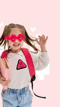 Bold pixel remix with confident student girl in glitch glasses. Poster, flyer Stock Photos