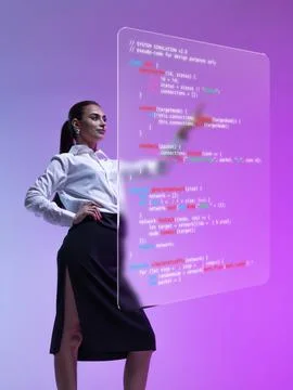 Bold poster. Confident female coder interacting with holographic programming Foto stock