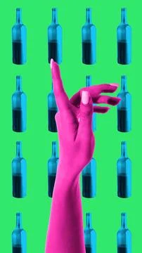 Bold poster. Pink hand making gesture over bright blue wine bottle pattern Foto stock