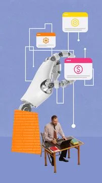 Bold poster. Robotic hand interacting with virtual business interface above man Foto stock