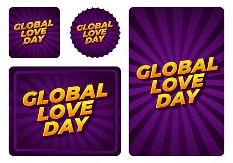 Bold purple comic style backgrounds with yellow 3d text reading global love.. Stock Illustration