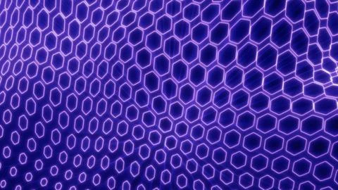 Bold purple neon hexagonal grid with glowing edges, forming a smooth 3D sur.. Illustrazione stock
