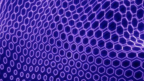 Bold purple neon hexagonal grid with glowing edges, forming a smooth 3D surfa Stock Illustration