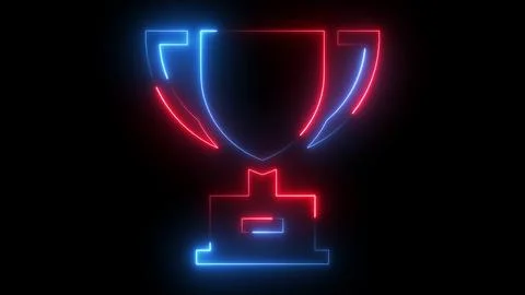 Bold red and blue neon trophy glowing on a black background, representing v.. Stock Illustration