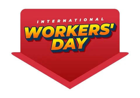 Bold red arrow label with vibrant yellow 3d text reading workers day and sm.. Stock Illustration