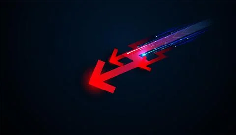 Bold red arrows point down across a dark digital grid, symbolizing quantum .. Stock Illustration