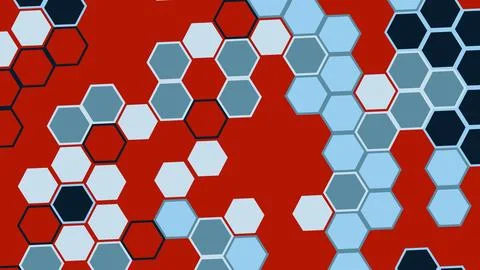 Bold red backdrop overlaid with scattered blue and teal hexagons in varying s Stockillustratie