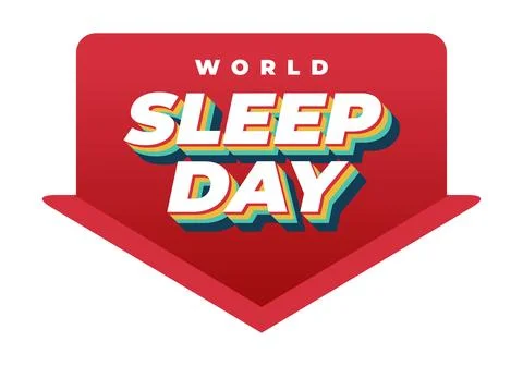 Bold red badge shaped arrow with layered 3d retro text reading world sleep .. Stock Illustration