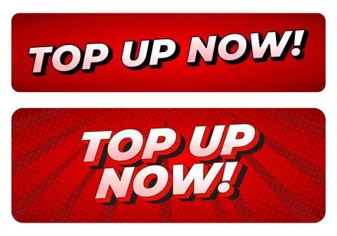 Bold red banners with white 3d text reading TOP UP NOW! in comic style, two.. 스톡 일러스트