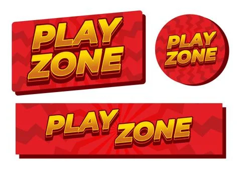 Bold red banners with yellow 3d text reading play zone in different shapes,.. Stock Illustration