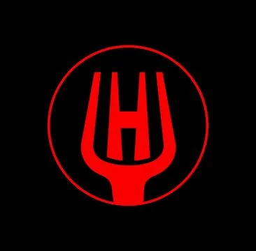 Bold red circular fork logo with the letter 'H' inside on it Stock Photos