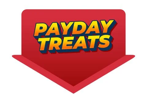 Bold red downward arrow badge with 3d yellow and blue text reading payday t.. Stock Illustration