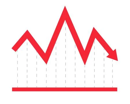 Bold red downward graph arrow 2D cartoon object Stock Illustration