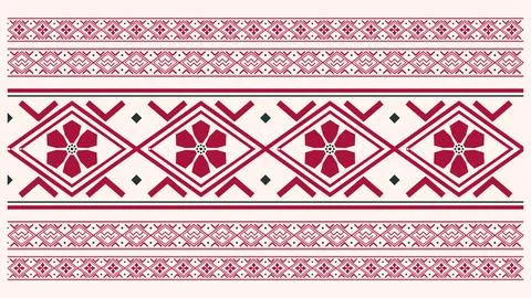 Bold red geometric blossoms repeat across a pale background with intricate .. Stock Illustration