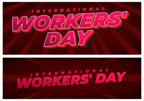 Bold red graphic banners with text international workers day in large 3d pi.. Stock Illustration