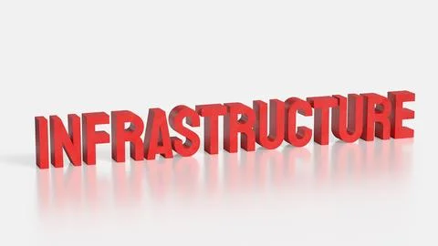 Bold Red Infrastructure Text in 3D on White Background. Stock Illustration
