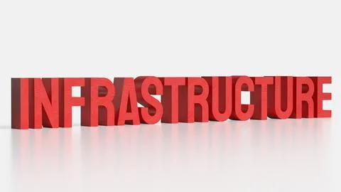 Bold Red Infrastructure Text in 3D on White Background. Stock Illustration