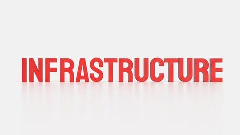 Bold Red Infrastructure Text in 3D on White Background. Stock Illustration