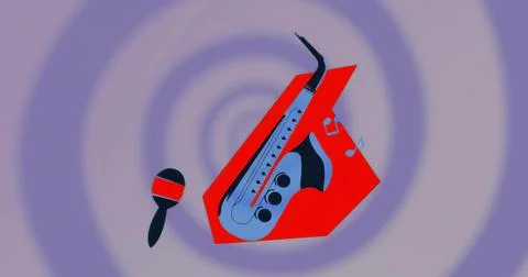 Bold red shape featuring blue saxophone in concentric circles, with maraca and Stockillustratie