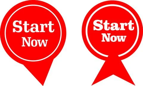Bold red start now speech bubble label and pointer icon pack rdigital promotion Stock Illustration