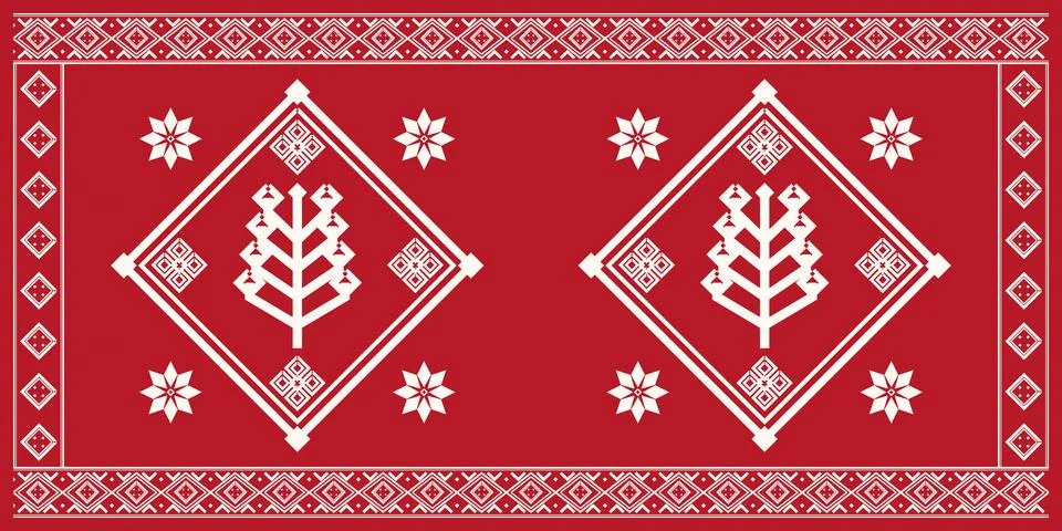 A bold red textile-style panel displays white geometric borders, stylized t.. Stock Illustration