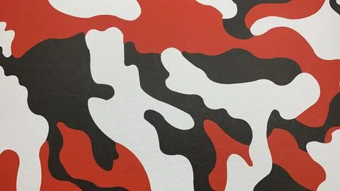 Bold red, white, and black camouflage pattern creates Stock Photos