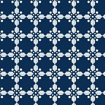 Bold Repeating White Geometric Cross and Dot Pattern on Dark Blue Background Illustrazione stock