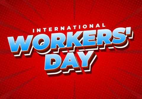 Bold retro 3D comic style text International Workers Day in blue and white .. Stock Illustration