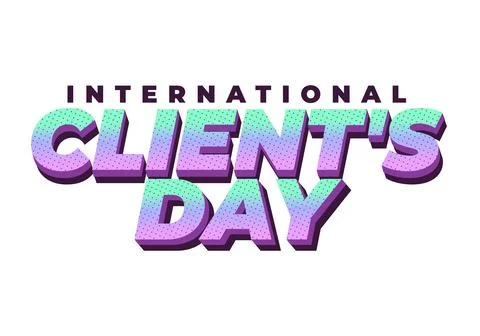 Bold retro 3d text reading international clients day in purple, teal and pi.. Illustrazione stock