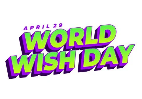 Bold retro 3D text reading World Wish Day with April 29 above, neon green f.. Ilustração Stock
