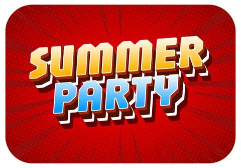 Bold retro 3d text summer party in yellow and blue on red dotted burst back.. Illustrazione stock