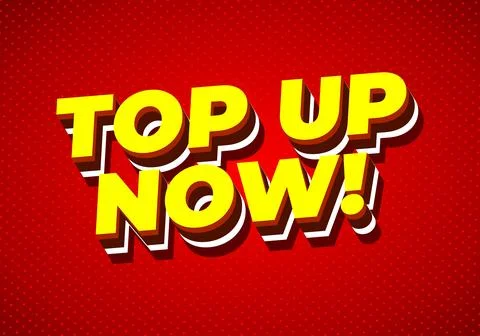 Bold retro 3d text top up now! in bright yellow with white and brown shadow.. Ilustración de archivo
