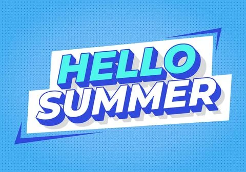 Bold retro pop art text hello summer in turquoise and white on blue dotted .. Illustrazione stock