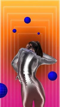 Bold sci-tech poster. Futuristic woman with illuminated spine inside glowing Stock Photos