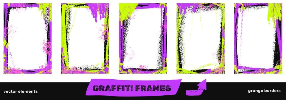 Bold spraypaint graffiti frame set with neon borders and messy painted edges. Stock Illustration
