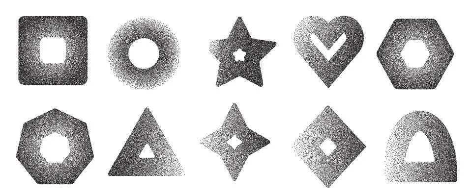 Bold stroke geometric shapes set. Grainy noise textured black y2k frame elements Stock Illustration