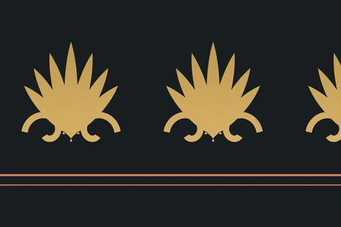 Bold stylized botanical emblems in muted gold repeat across a nearly black .. Illustrazione stock
