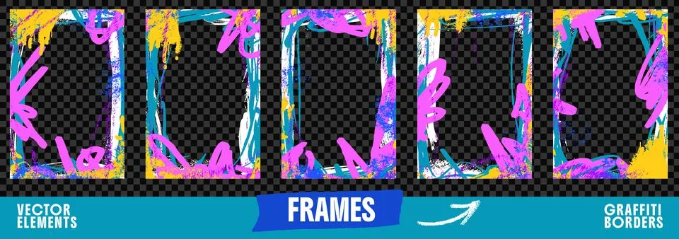 Bold text box frame set with graffiti borders and painted edges for poster. 库存插图