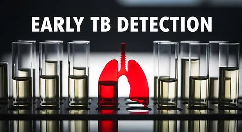 Bold text early tb detection above a row of test tubes with a glowing red l.. Ilustración de archivo