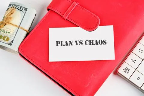 Bold text on a white card highlights the struggle between organization and di Stock Photos