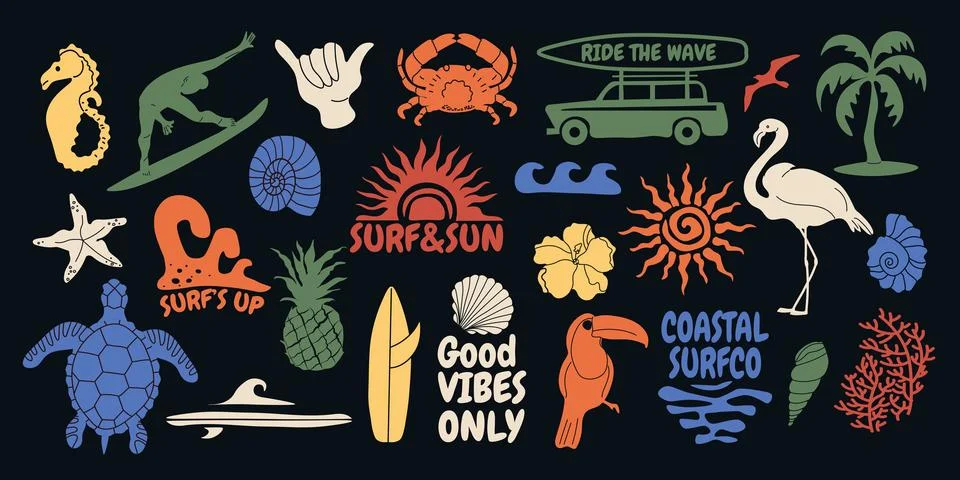 Bold tropical beach vector set with surfboards, palm trees, waves, flamingo.. Stock Illustration